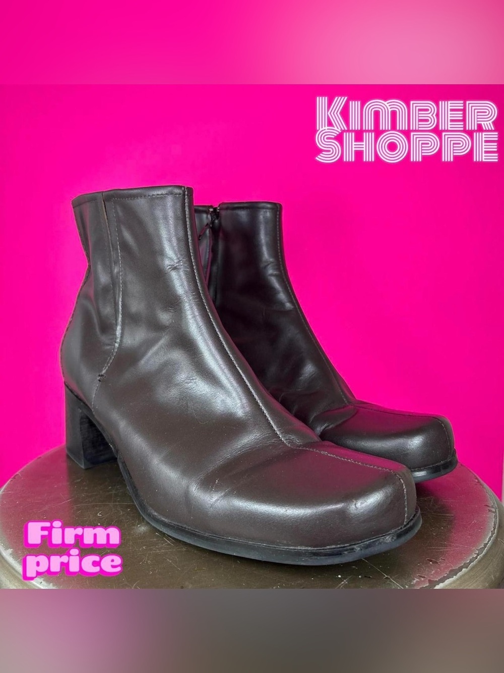 Prediction Brown Leather Square Toe Block Heel Ankle Boot US 9